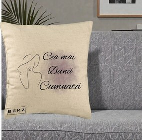 Cadou pentru Cumnata - Perna Personalizata Cea mai Buna Cumnata cu Silueta Dama si Pete Violet, 40x40 cm, Bej, Husa Detasabila, Perna Inclusa, BEKZ®