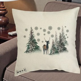 Perna Decorativa Ren in Padure Inzapezita, 40x40 cm, Ecru, Husa Detasabila, Perna Inclusa, BEKZ®