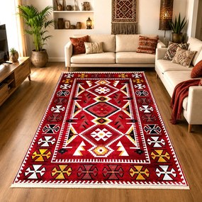 Covor cameră antiderapant, Model Boho Etnic, Roșu, mai multe dimensiuni, CCA231