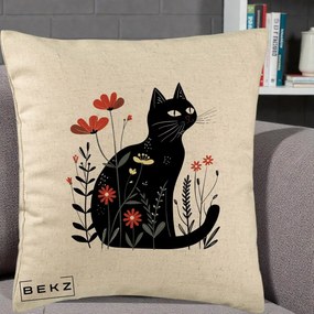 Perna Decorativa Pisica Neagra Flori Rosii Folk, 40x40 cm, Bej, Husa Detasabila, Perna Inclusa, BEKZ®