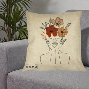 Perna Decorativa Portret Feminin Coroana Trei Flori, 40x40 cm, Crem, Husa Detasabila, Perna Inclusa, BEKZ®