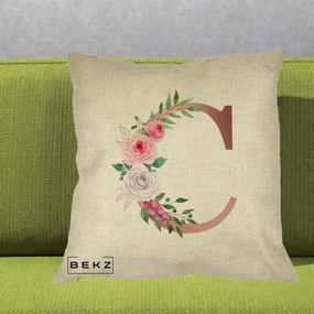 Cadou Personalizat - Perna Personalizata Monograma Rose Gold Litera C, 40x40 cm, Crem, Husa Detasabila, Perna Inclusa, BEKZ®