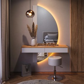 Masuta machiaj cu Oglinda LED si 2 Sertare pentru Cosmetice, Set Masa toaleta 120 cm, Alb, masuta vanity cu Riflaj, cosmetica - SEM236