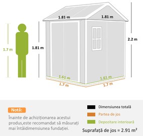 Outsunny Șopron de Grădină pentru Depozitare Unelte cu Pardosea, Două Uși și Încuietoare, 181x181x220 cm, Gri | Aosom Romania