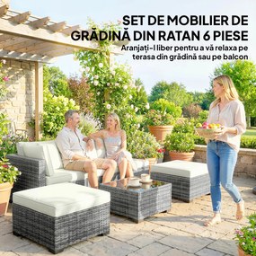 Outsunny Set Mobilier de Grădină din Ratan, 6 Piese, Fotoliu Colțar, Canapele fără Brațe, Suporturi pentru Picioare și Măsuță, Gri Amestecat | Aosom Romania