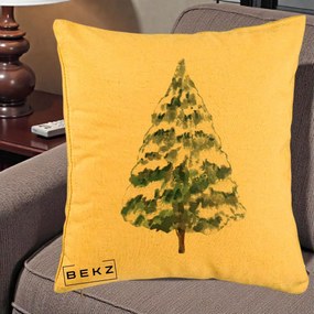 Perna Decorativa cu tematica de Craciun, Brad 2, 40x40 cm, Galben, Husa Detasabila, Perna Inclusa, BEKZ®
