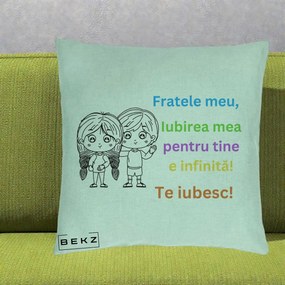 Cadou pentru Frate - Perna Personalizata Fratele Meu Te Iubesc Copii Anime Colorat, 40x40 cm, Verde Menta, Husa Detasabila, Perna Inclusa, BEKZ®