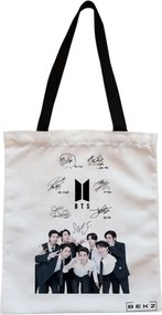 Sacosa de Panza pentru Cumparaturi, Geanta Tote, model BTS Army 6 cu semnaturii, Cu fermoar, 38x34.5 cm, Alba, BEKZ®
