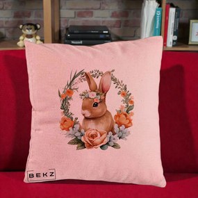 Perna Decorativa Iepuras Floral Coronita Acuarela, 40x40 cm, Roz, Husa Detasabila, Perna Inclusa, BEKZ®