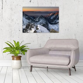 Tablou pe sticlă - Răsărit de soare în munți (70x50 cm)