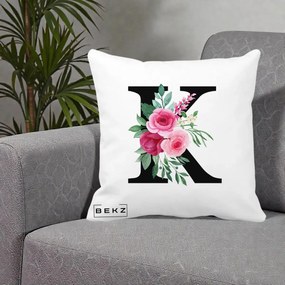 Cadou Personalizat - Perna Personalizata Monograma Florala Litera K, 40x40 cm, Alba Mata, Husa Detasabila, Perna Inclusa, BEKZ®