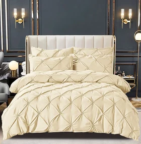 Set Lenjerie de Pat Bumbac Finet Uni cu Pliuri, 6 Piese, Pat 2 Persoane, Crem