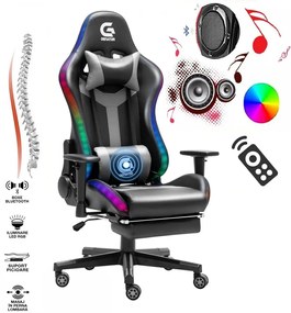 Scaun gaming, sistem iluminare bandă LED RGB, boxe bluetooth, masaj în perna lombara, funcție șezlong, 90-180 grade, suport picioare, SIG GS 024, Negru/Gri