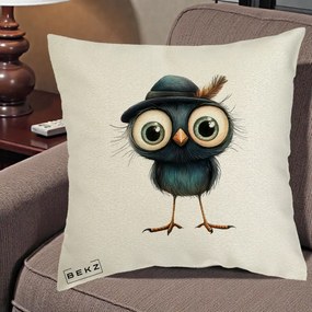 Perna Decorativa Pui Misterios cu Palarie Neagra, 40x40 cm, Ecru, Husa Detasabila, Perna Inclusa, BEKZ®