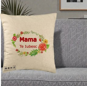 Cadou pentru Mama - Perna Personalizata Mama Te Iubesc Flori Rosii, 40x40 cm, Bej, Husa Detasabila, Perna Inclusa, BEKZ®