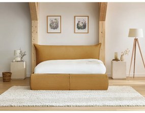 Pat matrimonial galben tapițat cu spațiu de depozitare cu somieră 160x200 cm Jade – Bobochic Paris