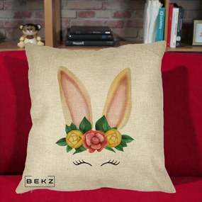 Perna Decorativa Iepuras Flori Urechi Pastelui, 40x40 cm, Crem, Husa Detasabila, Perna Inclusa, BEKZ®