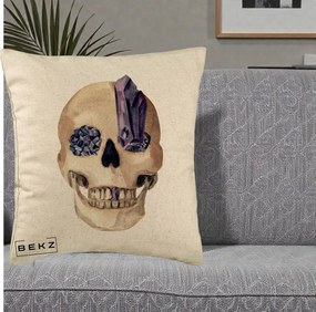 Perna Decorativa Craniu cu Cristale de Ametist, 40x40 cm, Bej, Husa Detasabila, Perna Inclusa, BEKZ®