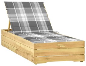 vidaXL Șezlong cu pernă gri carouri, lemn de pin tratat