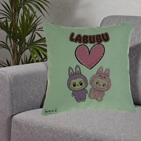 Perna Personalizata Labubu Cuplu Inima, 40x40 cm, Verde, Husa Detasabila, Perna Inclusa, BEKZ®