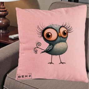 Perna Decorativa Pasare Teal cu Gene si Coada Spiralata, 40x40 cm, Roz, Husa Detasabila, Perna Inclusa, BEKZ®
