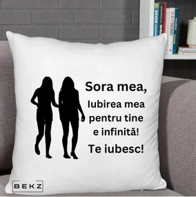 Cadou pentru Sora - Perna Personalizata Sora Mea Te Iubesc Siluete Negre Tinand Maini, 40x40 cm, Alb Pufos, Husa Detasabila, Perna Inclusa, BEKZ®