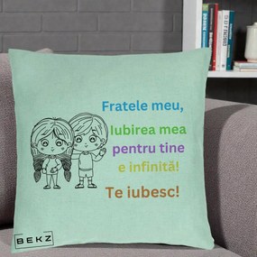 Cadou pentru Frate - Perna Personalizata Fratele Meu Te Iubesc Copii Anime Colorat, 40x40 cm, Verde Menta, Husa Detasabila, Perna Inclusa, BEKZ®