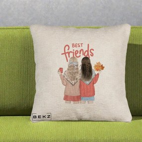 Cadou pentru Prieteni - Perna Personalizata Best Friends Toamna, 40x40 cm, Bej Canapea, Husa Detasabila, Perna Inclusa, BEKZ®