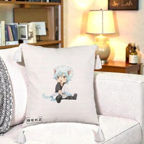 Perna Personalizata Gintama Gintoki Chibi Pisica, 40x40 cm, Bej cu Franjuri, Husa Detasabila, Perna Inclusa, BEKZ®