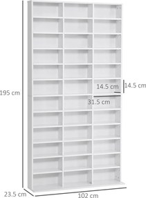 HOMCOM Bibliotecă CD de perete cu 36 de rafturi reglabile, 195 x 102 x 23.5cm, alb | Aosom Romania