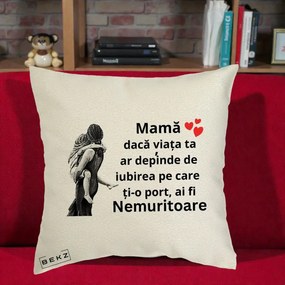 Cadou pentru Mama - Perna Personalizata Mama Nemuritoare Gravura Vintage, 40x40 cm, Ecru, Husa Detasabila, Perna Inclusa, BEKZ®