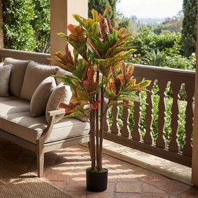 HOMCOM Plantă Artificială Croton cu 139 Frunze Modelabile și Ghiveci Alb din PP și Ciment, Plantă Falsă din PEVA și Lemn, 55x55x120 cm, Multicolor | Aosom Romania