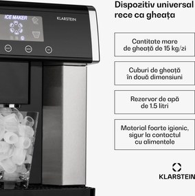 Klarstein Eiszeit mașină de făcut cuburi de gheață din oțel inoxidabil, 3 dimensiuni de cuburi de gheață, argintie.