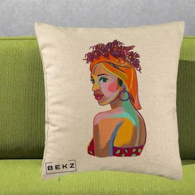 Perna Decorativa Portret Femeie Colorat Pop Art, 40x40 cm, Bej, Husa Detasabila, Perna Inclusa, BEKZ®