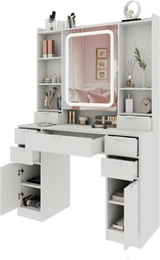 Masuta machiaj cu Oglinda LED si 7 Sertare pentru Cosmetice, Set Masa toaleta 105 cm, Alb, masuta cosmetica, vanity - SEA810
