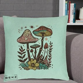 Perna Decorativa Ciuperci Boho Multicolore, 40x40 cm, Verde Menta, Husa Detasabila, Perna Inclusa, BEKZ®