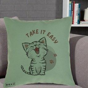 Perna Personalizata Take It Easy Cat, 40x40 cm, Verde, Husa Detasabila, Perna Inclusa, BEKZ®