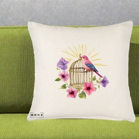 Perna Decorativa Pasare Roz pe Colivie Aurie cu Flori, 40x40 cm, Crem Reliefat, Husa Detasabila, Perna Inclusa, BEKZ®