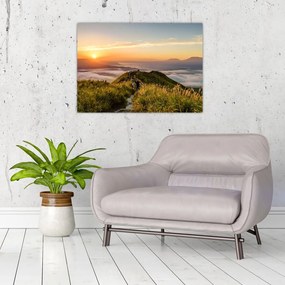 Tablou pe sticlă cu munți în apus de soare (70x50 cm)