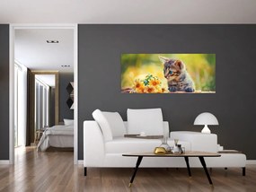 Tablou cu pisicuța uitându-se la floare (120x50 cm)