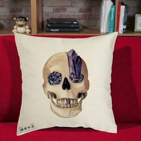 Perna Decorativa Craniu cu Cristale de Ametist, 40x40 cm, Ecru, Husa Detasabila, Perna Inclusa, BEKZ®