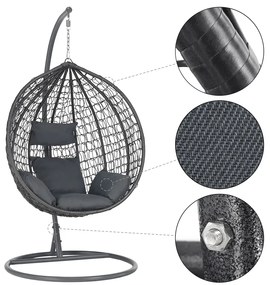Fotoliu leagan suspendat, cu perne moi, rezistente la UV, împletitură tip răchită, structură metalică, pentru interior și exterior, Gri