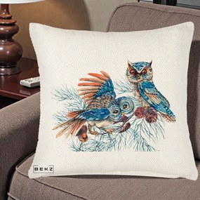 Perna Decorativa Bufnite de Iarna Albastre, 40x40 cm, Crem Reliefat, Husa Detasabila, Perna Inclusa, BEKZ®