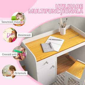 Masa de birou  ZONEKIZ pentru copii cu scaun, birou de scoală pentru copii de 3-6 ani din lemn cu sertar si scaun asortat, alb | Aosom Romania