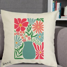 Perna Decorativa Flori in Vaza Turcoaz, 40x40 cm, Ecru, Husa Detasabila, Perna Inclusa, BEKZ®