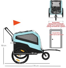 PawHut Remorcă Bicicletă pentru Câini cu Două Intrări Buzunare Cadru Oțel Țesătură 170x77x90cm Albastru | Aosom Romania