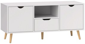 HOMCOM Mobilier TV de 50" cu Sertar, Raft Deschis și 2 Dulapuri, Mobilier TV cu 5 Picioare din Lemn, 110x40x50 cm, Alb | Aosom Romania