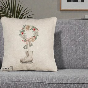 Perna Decorativa Patine cu Coroana Florala de Craciun, 40x40 cm, Bej Canapea, Husa Detasabila, Perna Inclusa, BEKZ®