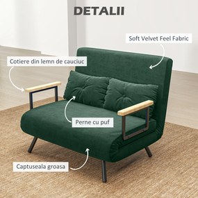 HOMCOM Canapea Pat de 2 Locuri cu Spătar Reglabil pe 5 Nivele, Canapea Pat Pliabilă cu 2 Perne, 102x73x81 cm, Verde | Aosom Romania