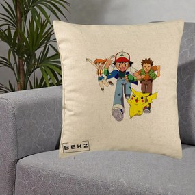 Perna Personalizata Pokemon Ash Misty Brock si Pikachu, 40x40 cm, Bej, Husa Detasabila, Perna Inclusa, BEKZ®